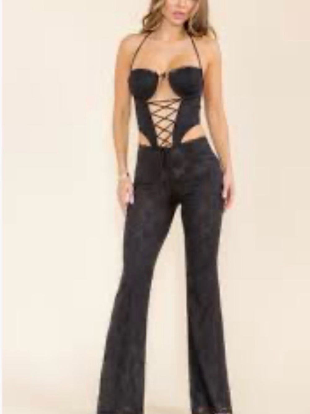 Blanc.Strappy Black Lace-Up Flare Jumpsuit